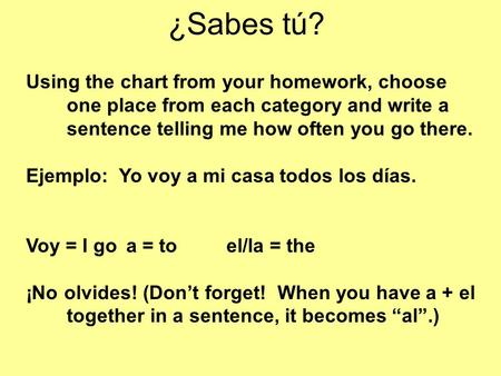 ¿Sabes tú? Using the chart from your homework, choose one place from each category and write a sentence telling me how often you go there. Ejemplo: Yo.