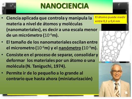 NANOCIENCIA Ciencia aplicada que controla y manipula la materia a nivel de átomos y moléculas (nanomateriales), es decir a una escala menor de un micrómetro.