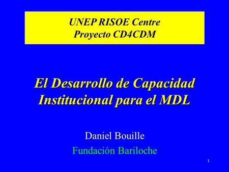1 El Desarrollo de Capacidad Institucional para el MDL Daniel Bouille Fundación Bariloche UNEP RISOE Centre Proyecto CD4CDM.