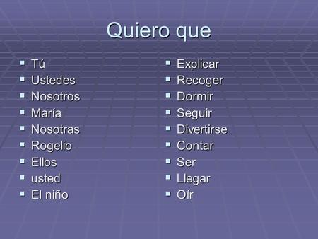 Quiero que Tú Tú Ustedes Ustedes Nosotros Nosotros María María Nosotras Nosotras Rogelio Rogelio Ellos Ellos usted usted El niño El niño Explicar Explicar.