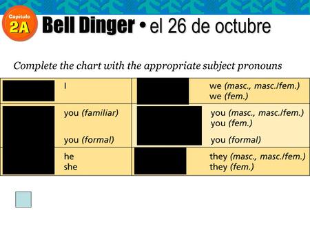 Bell Dinger el 26 de octubre Complete the chart with the appropriate subject pronouns.