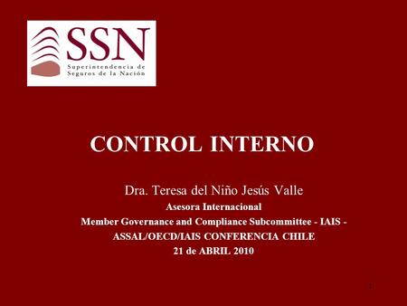 CONTROL INTERNO Dra. Teresa del Niño Jesús Valle Asesora Internacional