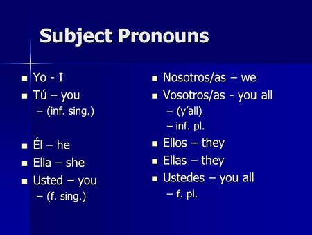 Subject Pronouns Yo - I Yo - I Tú – you Tú – you –(inf. sing.) Él – he Él – he Ella – she Ella – she Usted – you Usted – you –(f. sing.) Nosotros/as –