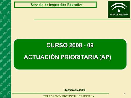 1 Servicio de Inspección Educativa DELEGACIÓN PROVINCIAL DE SEVILLA CURSO 2008 - 09 ACTUACIÓN PRIORITARIA (AP) Septiembre 2008.