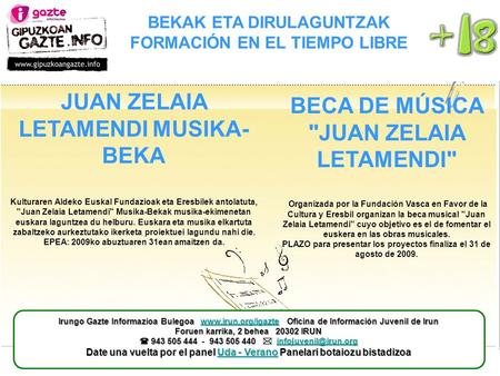 BEKAK ETA DIRULAGUNTZAK FORMACIÓN EN EL TIEMPO LIBRE BECA DE MÚSICA JUAN ZELAIA LETAMENDI Organizada por la Fundación Vasca en Favor de la Cultura y.