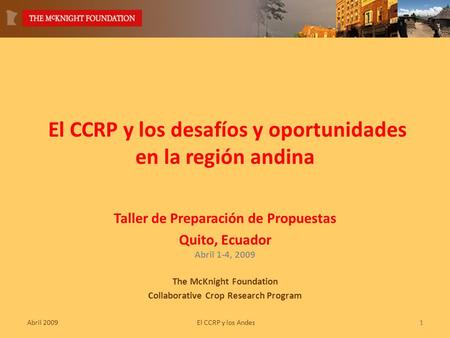 Abril 2009 El CCRP y los Andes1 Taller de Preparación de Propuestas Quito, Ecuador Abril 1-4, 2009 The McKnight Foundation Collaborative Crop Research.