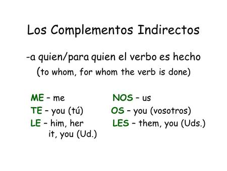 Los Complementos Indirectos -a quien/para quien el verbo es hecho ( to whom, for whom the verb is done) ME – me NOS – us TE – you (tú) OS – you (vosotros)