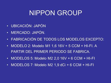 NIPPON GROUP UBICACIÓN: JAPÓN MERCADO: JAPÓN. FABRICACIÓN DE TODOS LOS MODELOS EXCEPTO: MODELO 2: Modelo M1 1,6 16V + 5 CCM + HI-FI. A PARTIR DEL PRIMER.