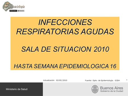 INFECCIONES RESPIRATORIAS AGUDAS SALA DE SITUACION 2010 HASTA SEMANA EPIDEMIOLOGICA 16 Actualización 03/05//2010 Fuente: Dpto. de Epidemiología. GCBA 1.