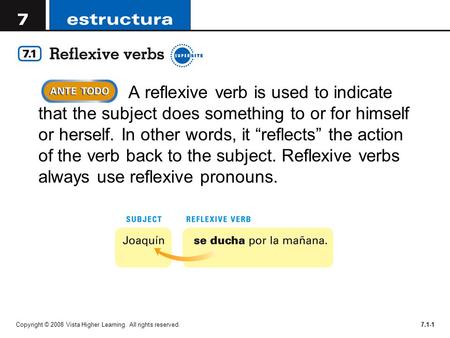 Copyright © 2008 Vista Higher Learning. All rights reserved.7.1-1 A reflexive verb is used to indicate that the subject does something to or for himself.