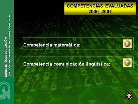 Competencia comunicación lingüística: Competencia matemática: 0 COMPETENCIAS EVALUADAS 2006- 2007 CONSEJERÍA DE EDUCACIÓN DIRECCIÓN GENERAL DE ORDENACIÓN.