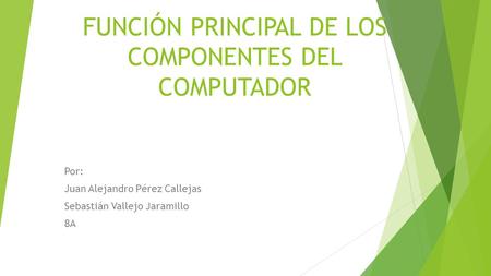 FUNCIÓN PRINCIPAL DE LOS COMPONENTES DEL COMPUTADOR Por: Juan Alejandro Pérez Callejas Sebastián Vallejo Jaramillo 8A.
