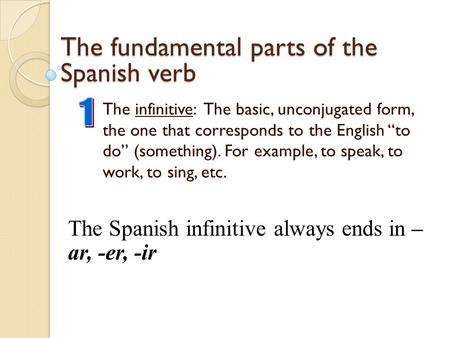 The fundamental parts of the Spanish verb The infinitive: The basic, unconjugated form, the one that corresponds to the English “to do” (something). For.