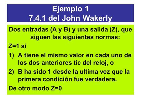 Ejemplo 1 7.4.1 del John Wakerly Dos entradas (A y B) y una salida (Z), que siguen las siguientes normas: Z=1 si 1)A tiene el mismo valor en cada uno de.