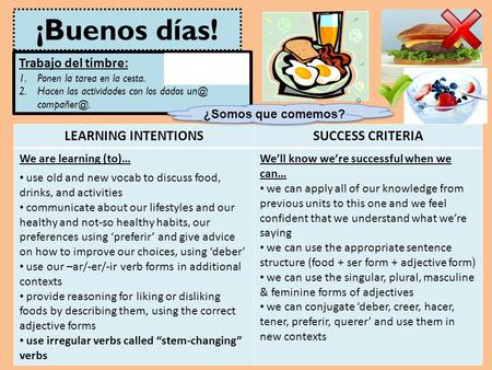 LEARNING INTENTIONSSUCCESS CRITERIA We are learning (to)… use old and new vocab to discuss food, drinks, and activities communicate about our lifestyles.