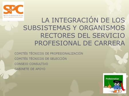 LA INTEGRACIÓN DE LOS SUBSISTEMAS Y ORGANISMOS RECTORES DEL SERVICIO PROFESIONAL DE CARRERA COMITÉS TÉCNICOS DE PROFESIONALIZACIÓN COMITÉS TÉCNICOS DE.