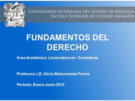 FUNDAMENTOS DEL DERECHO Área Académica: Licenciatura en Contaduría Profesora: LD. Alicia Belaunzaràn Flores Periodo: Enero-Junio 2015.