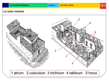 1 atrium 2 cubiculum 3 triclinium 4 rablinum 5 horus La casa romana 5
