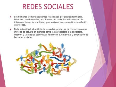 REDES SOCIALES Los humanos siempre nos hemos relacionado por grupos: familiares, laborales, sentimentales, etc. En una red social los individuos están.