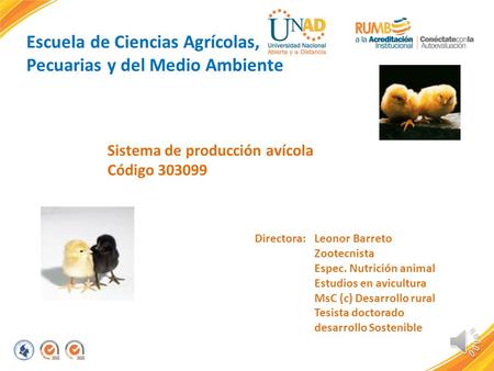 Escuela de Ciencias Agrícolas, Pecuarias y del Medio Ambiente Sistema de producción avícola Código 303099 Leonor Barreto Zootecnista Espec. Nutrición.