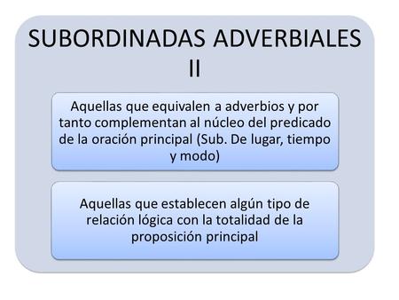 SUBORDINADAS ADVERBIALES II Aquellas que equivalen a adverbios y por tanto complementan al núcleo del predicado de la oración principal (Sub. De lugar,