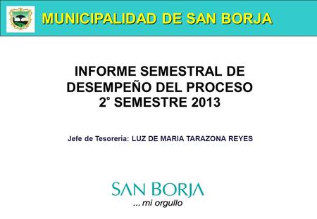 MUNICIPALIDAD DE SAN BORJA Jefe de Tesorería: LUZ DE MARIA TARAZONA REYES INFORME SEMESTRAL DE DESEMPEÑO DEL PROCESO 2° SEMESTRE 2013.