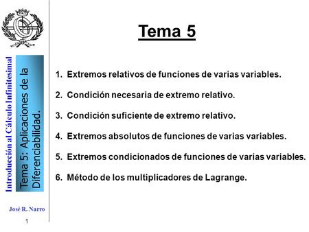 Introducción al Cálculo Infinitesimal Tema 5: Aplicaciones de la Diferenciabilidad. José R. Narro 1 Tema 5 1.Extremos relativos de funciones de varias.