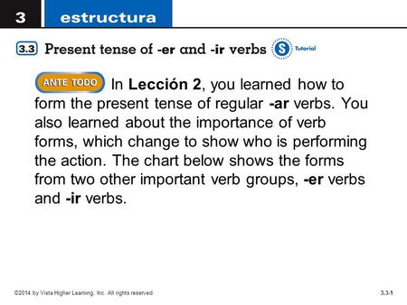 3.3-1 In Lección 2, you learned how to form the present tense of regular -ar verbs. You also learned about the importance of verb forms, which change to.