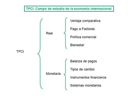 TPCI Real Monetaria Ventaja comparativa Pago a Factores Política comercial Bienestar Balanza de pagos Tipos de cambio Instrumentos financieros Sistemas.