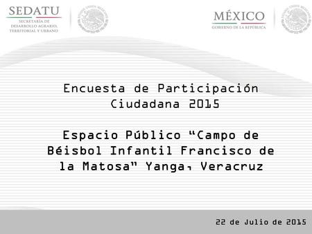 Encuesta de Participación Ciudadana 2015 Espacio Público “Campo de Béisbol Infantil Francisco de la Matosa” Yanga, Veracruz 22 de Julio de 2015.