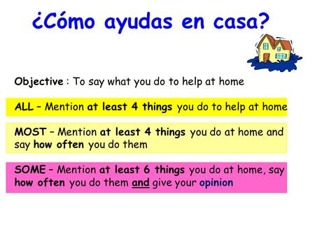 ¿Cómo ayudas en casa? Objective : To say what you do to help at home ALL – Mention at least 4 things you do to help at home MOST – Mention at least 4 things.