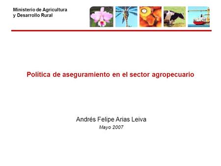 Ministerio de Agricultura y Desarrollo Rural Política de aseguramiento en el sector agropecuario Andrés Felipe Arias Leiva Mayo 2007.