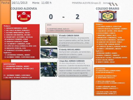 0 - 2 Fecha: 16/11/2013 Hora: 11:00 h COLEGIO ALDOVEA COLEGIO BRAINS