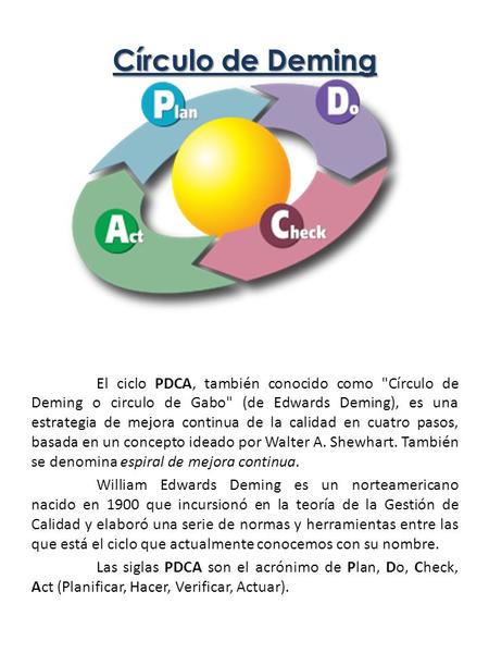 Círculo de Deming El ciclo PDCA, también conocido como Círculo de Deming o circulo de Gabo (de Edwards Deming), es una estrategia de mejora continua.
