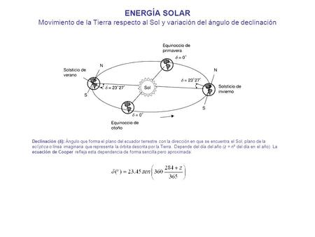 ENERGÍA SOLAR Movimiento de la Tierra respecto al Sol y variación del ángulo de declinación Declinación (d): Ángulo que forma el plano del ecuador terrestre.