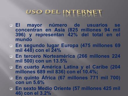 El mayor número de usuarios se concentran en Asia (825 millones 94 mil 396) y representan 42% del total en el mundo En segundo lugar Europa (475 millones.