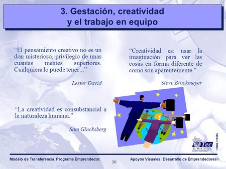 3. Gestación, creatividad y el trabajo en equipo 3. Gestación, creatividad y el trabajo en equipo ©2000. ITESM. Apoyos Visuales: Desarrollo de Emprendedores.