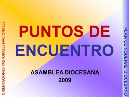 PUNTOS DE ENCUENTRO ASAMBLEA DIOCESANA 2009 PLAN QUINQUENAL DIOCESANO ORIENTACIONES PASTORALES NACIONALES.