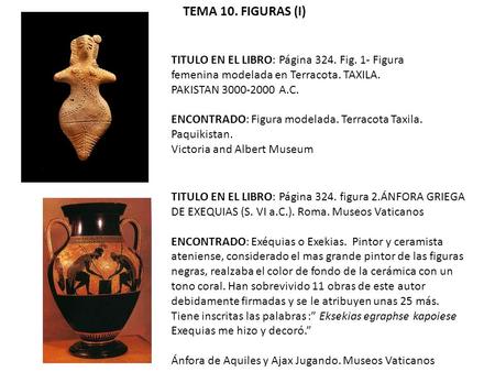 TEMA 10. FIGURAS (I) TITULO EN EL LIBRO: Página 324. Fig. 1- Figura femenina modelada en Terracota. TAXILA. PAKISTAN 3000-2000 A.C. ENCONTRADO: Figura.