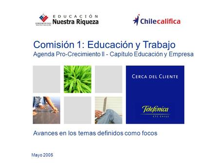 Comisión 1: Educación y Trabajo Agenda Pro-Crecimiento ll - Capítulo Educación y Empresa Mayo 2005 Avances en los temas definidos como focos.
