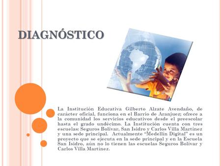 Diagnóstico La Institución Educativa Gilberto Alzate Avendaño, de carácter oficial, funciona en el Barrio de Aranjuez; ofrece a la comunidad los servicios.