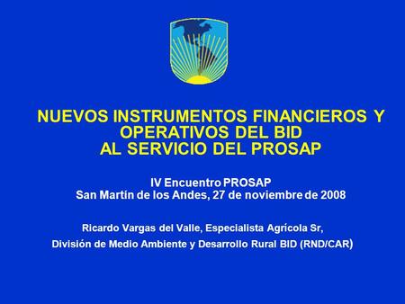 NUEVOS INSTRUMENTOS FINANCIEROS Y OPERATIVOS DEL BID AL SERVICIO DEL PROSAP IV Encuentro PROSAP San Martín de los Andes, 27 de noviembre de 2008 Ricardo.