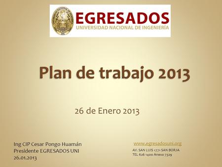 Plan de trabajo de Enero 2013 Ing CIP Cesar Pongo Huamán