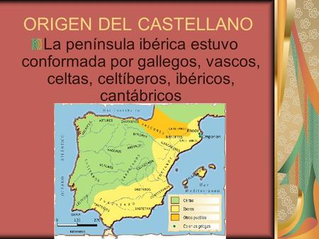 ORIGEN DEL CASTELLANO La península ibérica estuvo conformada por gallegos, vascos, celtas, celtíberos, ibéricos, cantábricos.