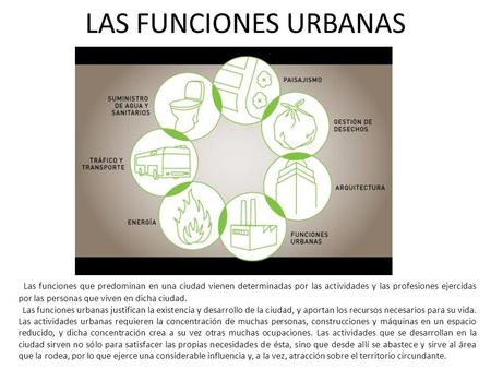 LAS FUNCIONES URBANAS Las funciones que predominan en una ciudad vienen determinadas por las actividades y las profesiones ejercidas por las personas que.