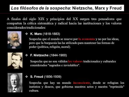 Los filósofos de la sospecha: Nietzsche, Marx y Freud.