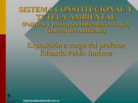 SISTEMA CONSTITUCIONAL Y TUTELA AMBIENTAL (Políticas y principios indicados en la Ley General del Ambiente) Exposición a cargo del profesor Eduardo Pablo.