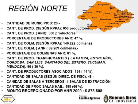 REGIÓN NORTE CANTIDAD DE MUNICIPIOS: 20.- CANT. DE PROD. (SEGÚN RPPA): 650 productores. CANT, DE PROD. ( ANR): 300 productores. PORCENTAJE DE PRODUCTORES.
