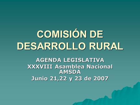 COMISIÓN DE DESARROLLO RURAL AGENDA LEGISLATIVA XXXVIII Asamblea Nacional AMSDA Junio 21,22 y 23 de 2007.