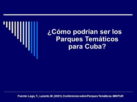 ¿Cómo podrían ser los Parques Temáticos para Cuba? Fuente: Lago, T., Lazarte, M. (2001). Conferencia sobre Parques Temáticos. MINTUR.